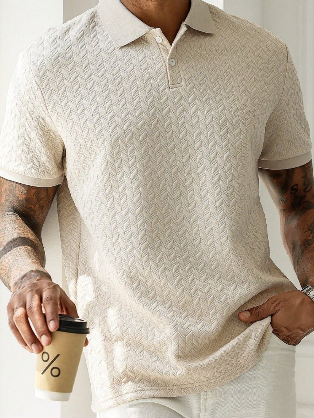 Apricot Casual Men's Diamond-Textured Jacquard Knit Short-Sleeve Polo Shirt